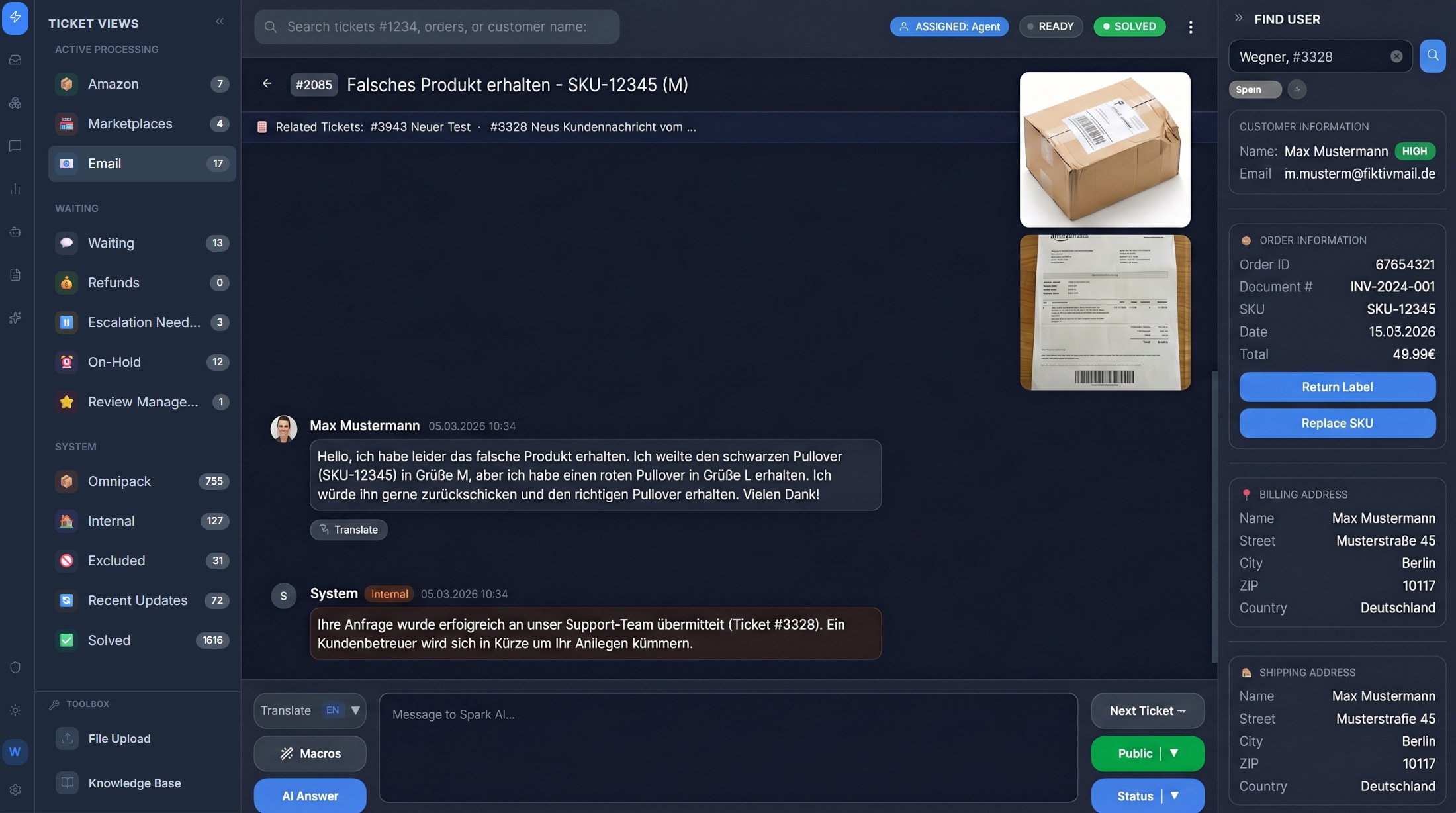 Seller Reply Support-Oberfläche